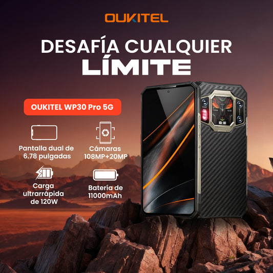 OUKITEL WP30 Pro 5G Smartphone resistente - Pantalla dual, 11000mAh y 120W 
Super Charge, 108MP+20MP Cámara, 24GB+512GB, pantalla de 6.78 pulgadas