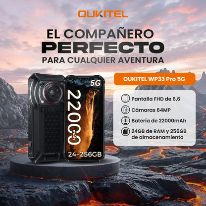 OUKITEL WP33 PRO 22000mAh 5G Smartphone Rugged 6,6 "FHD pantalla, 24GB(8+16), 256GB, cámara de 64MP, 136dB